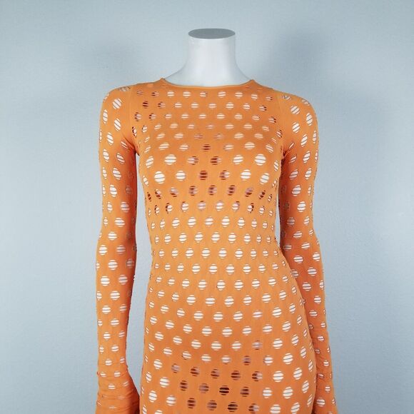 Maisie Wilen Orange Laser-Cut Perforated Orange Midi Bodycon Dress One Size - Picture 3 of 14